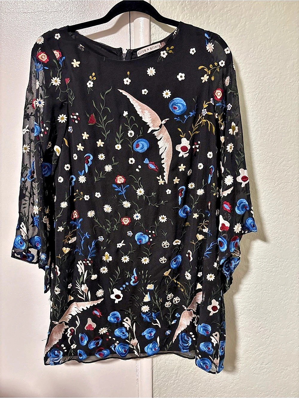 alice + olivia Ellen Embroidered Bird Dress Floral Mini Dress in Black & Blue